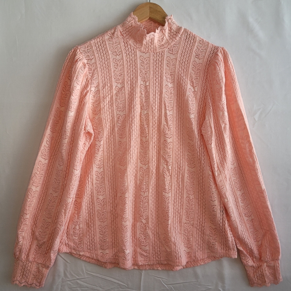 Micoson Blouse Women Medium Lace Mock Neck Peach Coral Whimsy Fairy Romantic Top